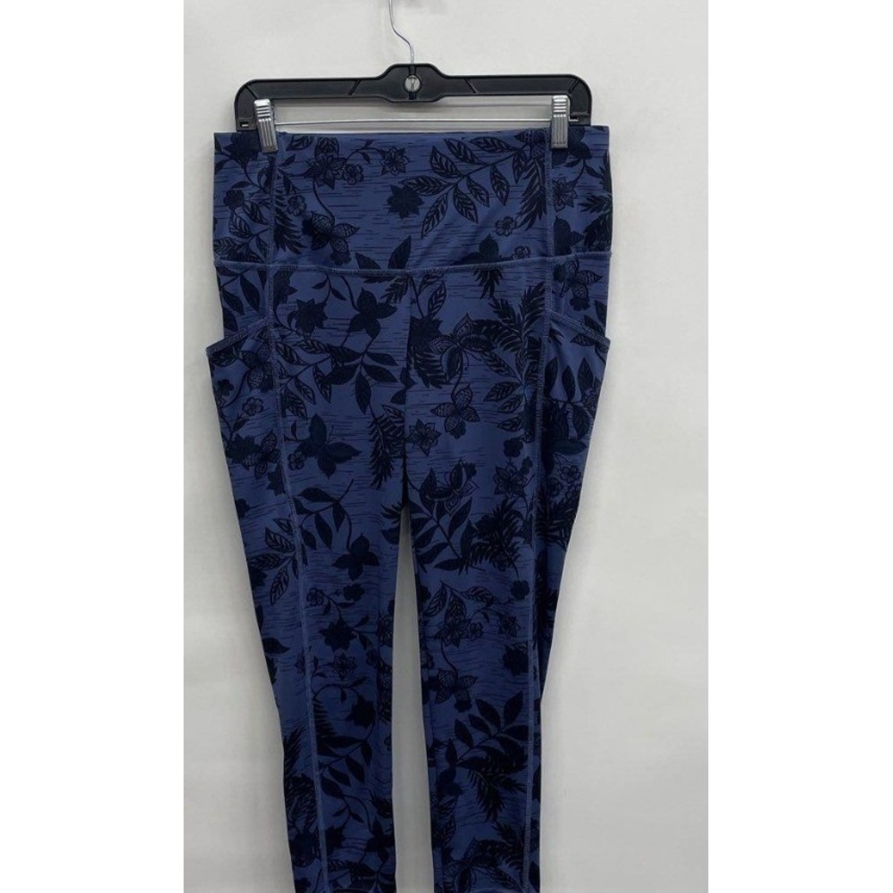 Chicos Zenergy Blue Black Floral Capri Leggings Side Pockets Size 1 8/10